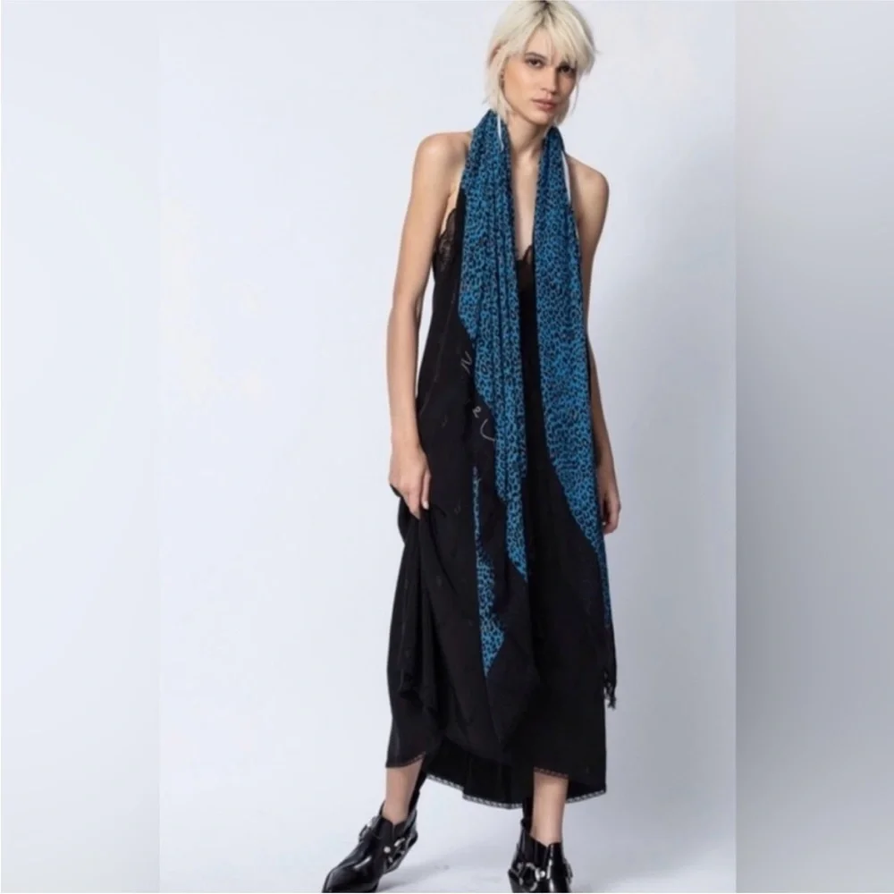 Zadig & Voltaire Delta Je M'en Fous Leopard Print Black & Blue Scarf Wrap XL